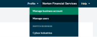The Manage business account option can be found on the main naviagtion bar