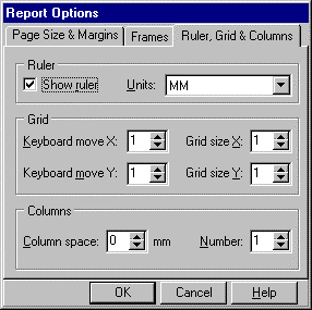 Screen Shot of the Report Options - Ruler, Grids & Columns Page